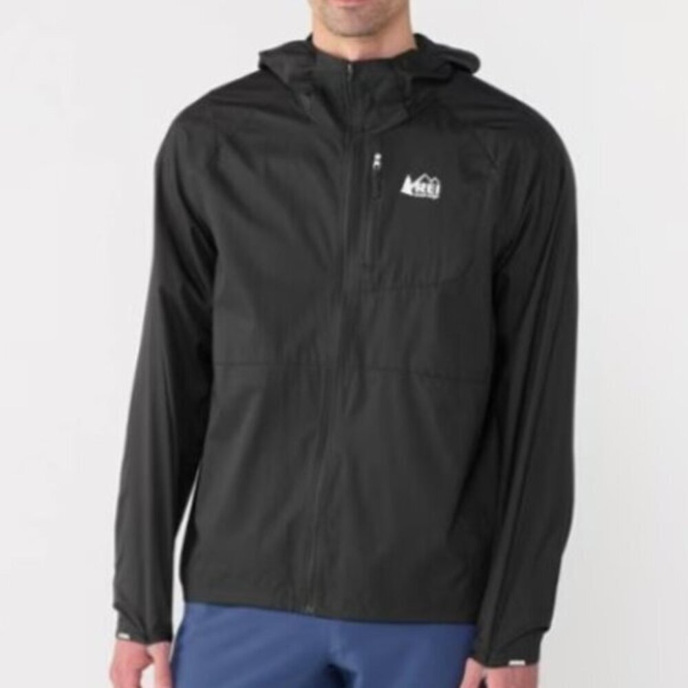 REI Men Medium Black Windshell Lightweight Packable Polartec Hiking Jacket